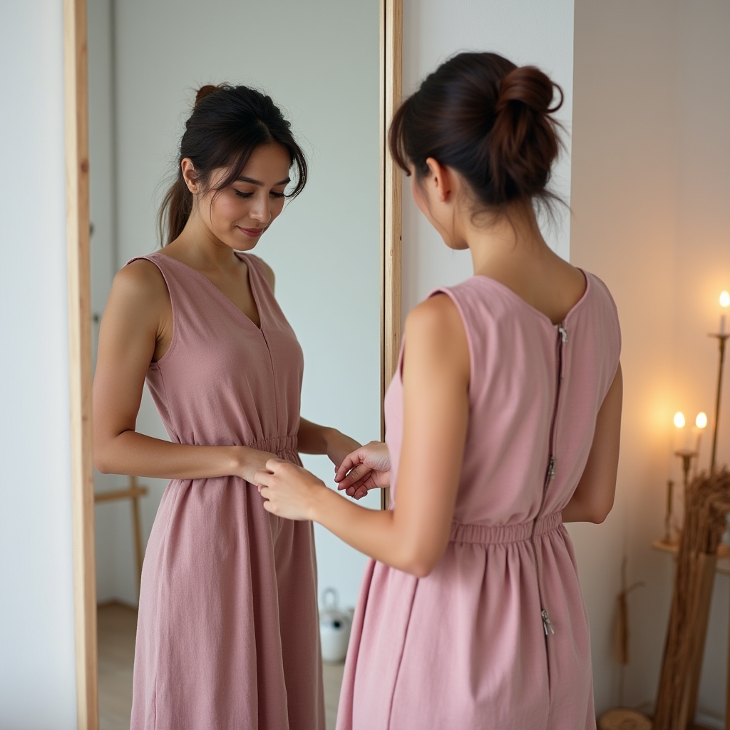 Примерка готового платья после курса шитья