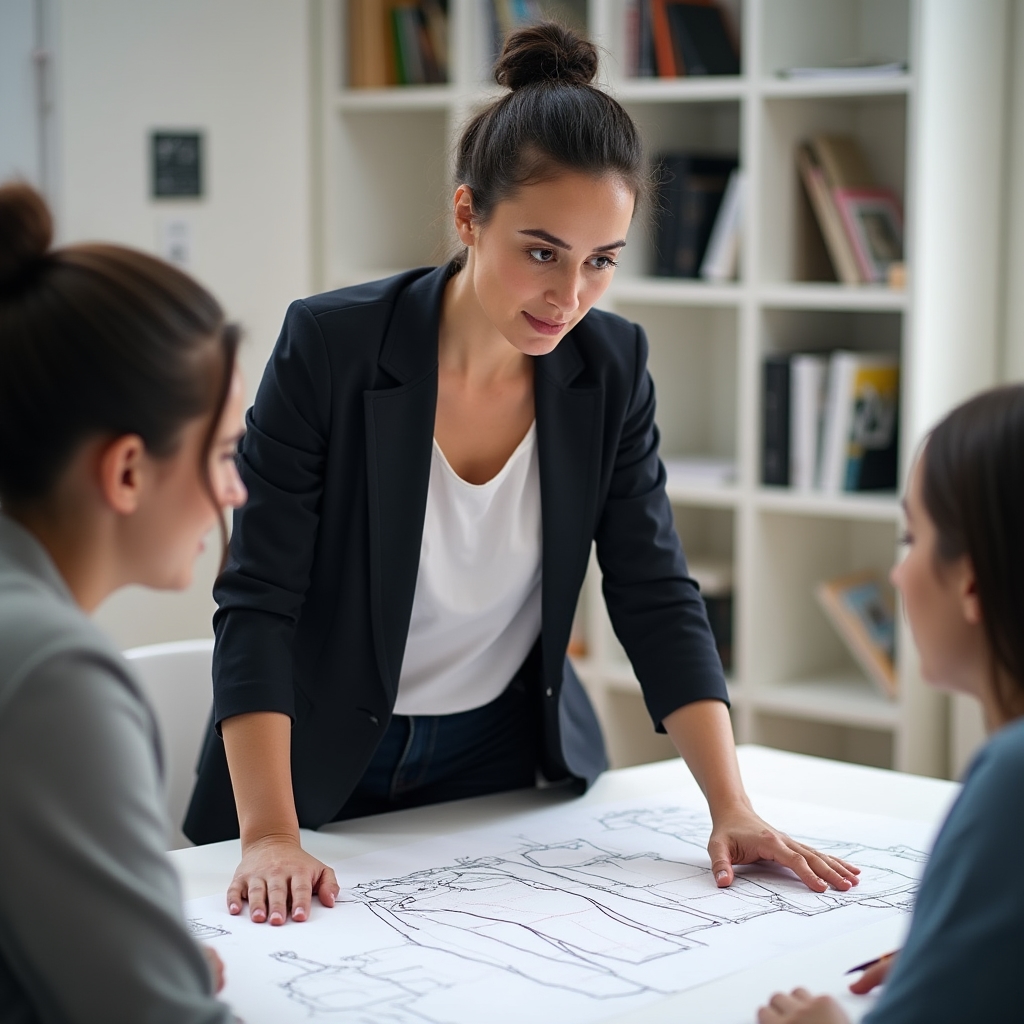 Преподаватель объясняет построение выкройки участникам курса